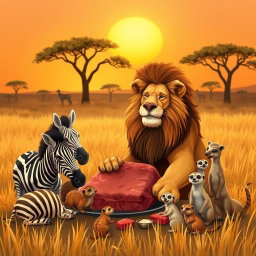 A heartwarming scene depicting a lion sharing its freshly caught meal with various animals in an African savannah