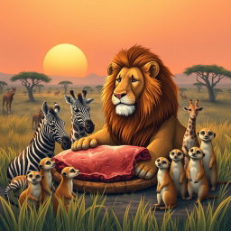 A heartwarming scene depicting a lion sharing its freshly caught meal with various animals in an African savannah