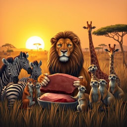 A heartwarming scene depicting a lion sharing its freshly caught meal with various animals in an African savannah