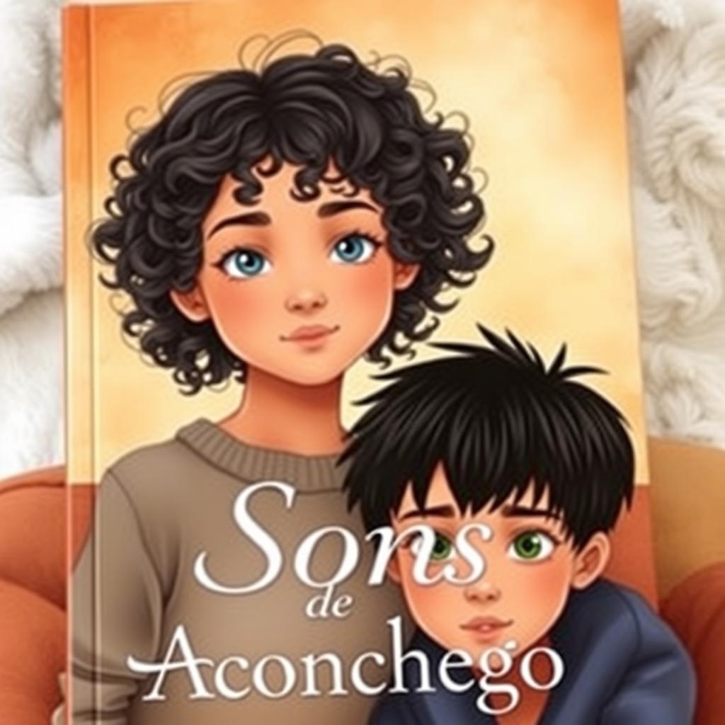 A captivating book cover featuring a girl with curly black hair and blue eyes, standing beside a boy of Korean descent with black hair and green eyes