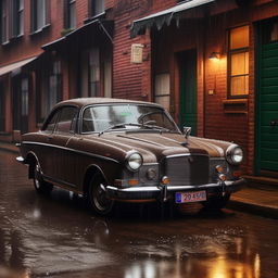 A high-definition, ultra-detailed image of a vintage car parked in the rain. The scene has an editorial style and vibe.