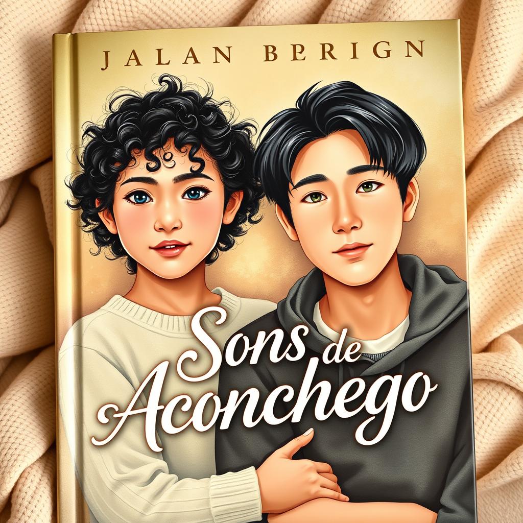 An enchanting book cover featuring a 17-year-old girl with curly black hair and captivating blue eyes, standing next to an 18-year-old boy of Korean descent with sleek black hair and striking green eyes