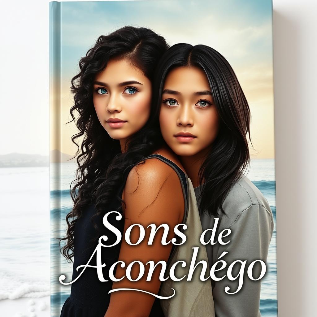 An enchanting book cover featuring a 17-year-old girl with long, curly black hair and striking blue eyes, alongside an 18-year-old Korean boy with sleek black hair and captivating green eyes