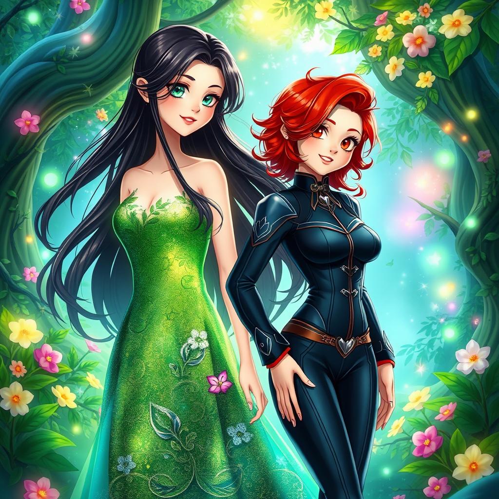Two beautiful female characters standing in a vibrant, enchanted forest