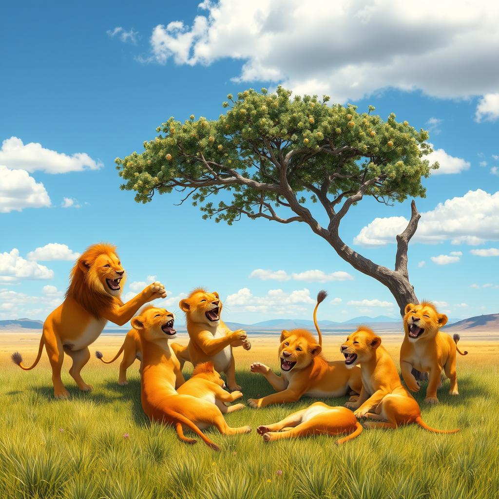 A joyful scene depicting a pride of lions playing together in the African savanna, showcasing their vibrant golden fur glistening in the sunlight