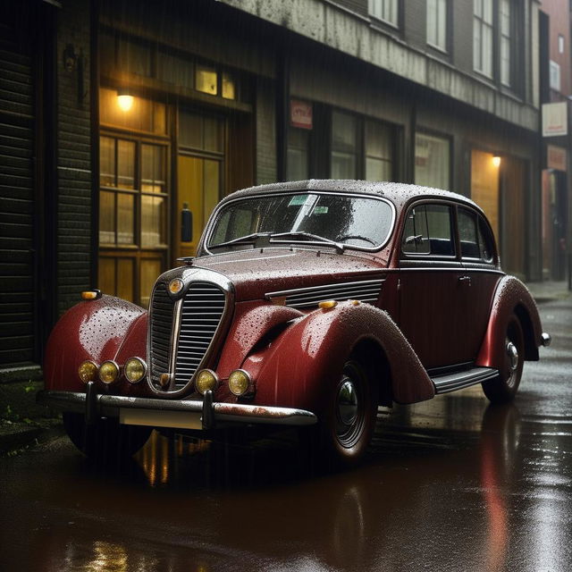 A high-definition, ultra-detailed image of a vintage car parked in the rain. The scene has an editorial style and vibe.