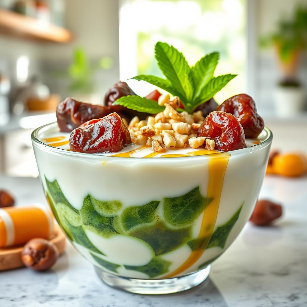A vibrant and refreshing bowl of Susu Kurma Cincau, showcasing a variety of rich colors and textures