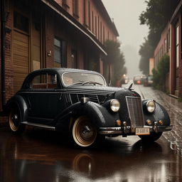 A high-definition, ultra-detailed image of a vintage car parked in the rain. The scene has an editorial style and vibe.