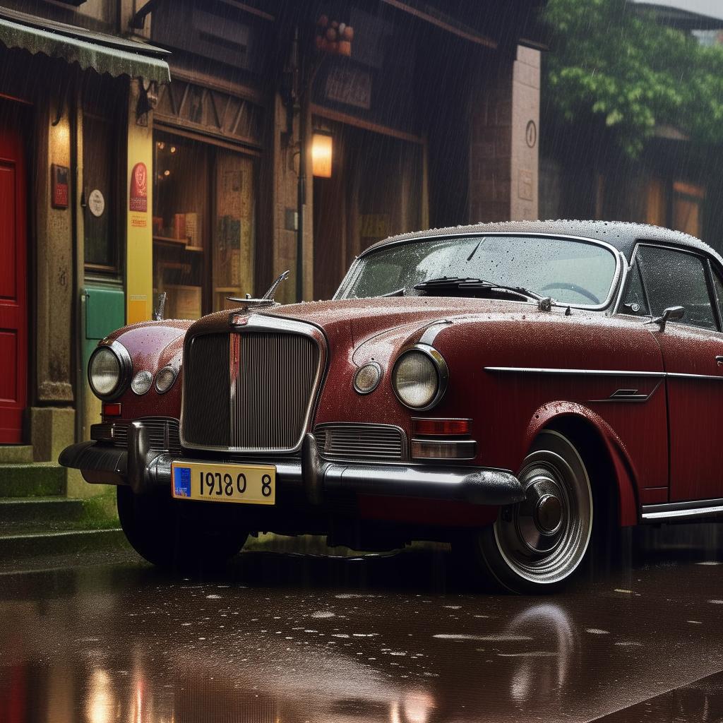 Ultra high definition image of a vintage car parked in rain, emphasizing minute details with a distinct editorial touch