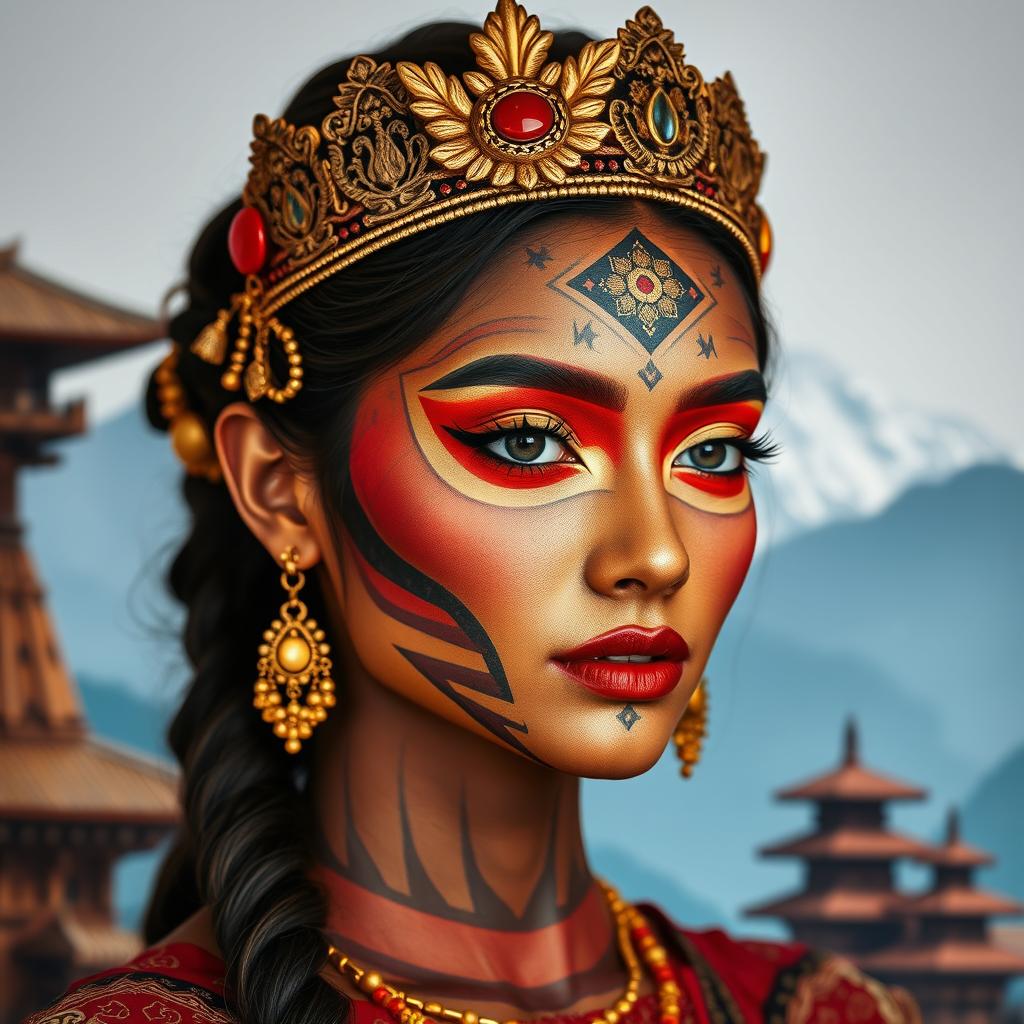An artistic portrayal of makeup inspired by Nepali architecture, featuring intricate patterns and designs reflecting traditional Nepali elements such as pagodas, stupas, and elaborate wood carvings