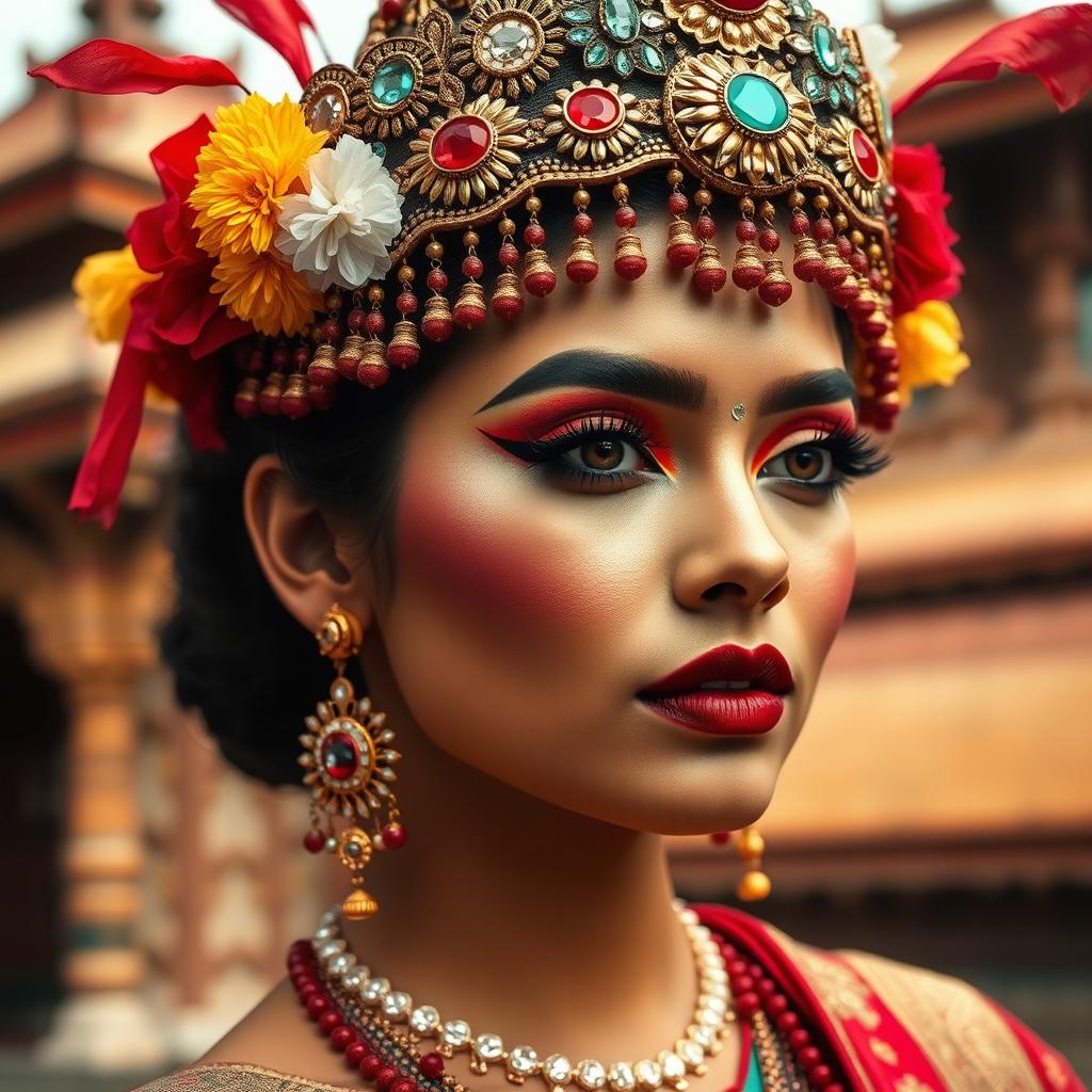 A stunning makeup look inspired by traditional Nepali architecture, showcasing intricate designs and vibrant colors