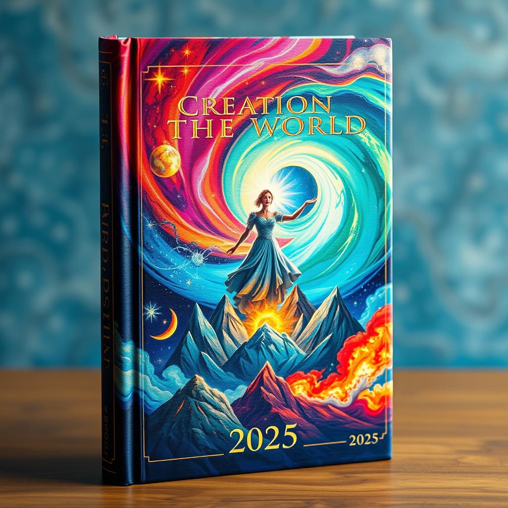 A captivating book cover illustrating the creation of the world in a creative, fantastical style