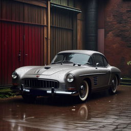 Ultra high definition image of a vintage car parked in rain, emphasizing minute details with a distinct editorial touch