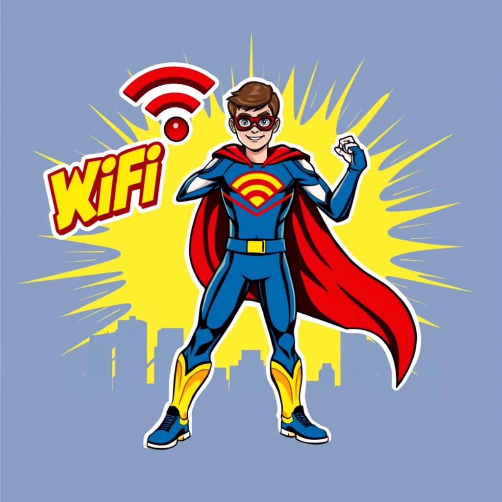 A vibrant and dynamic design featuring a superhero theme for the Wifi XL Satu