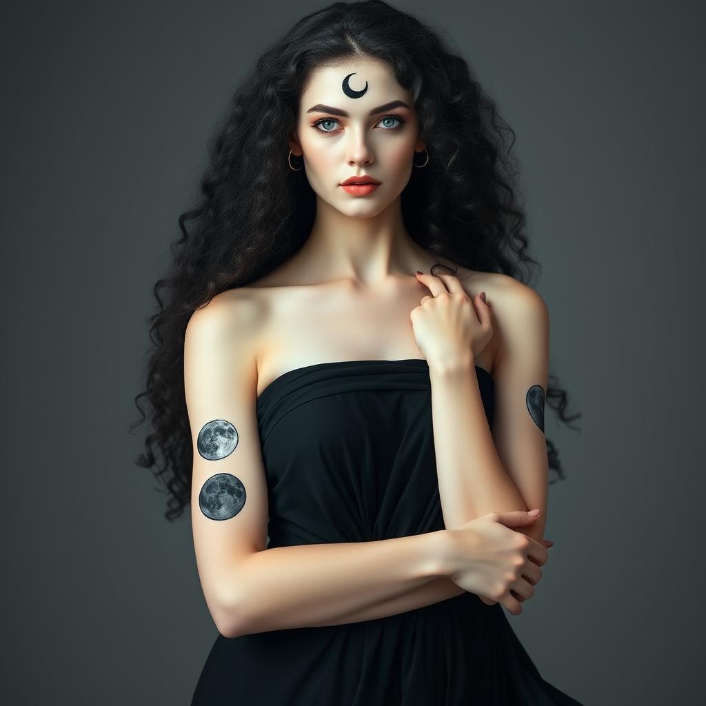 A stunning woman with pale white skin, long, cascading black curly hair, and striking silver eyes