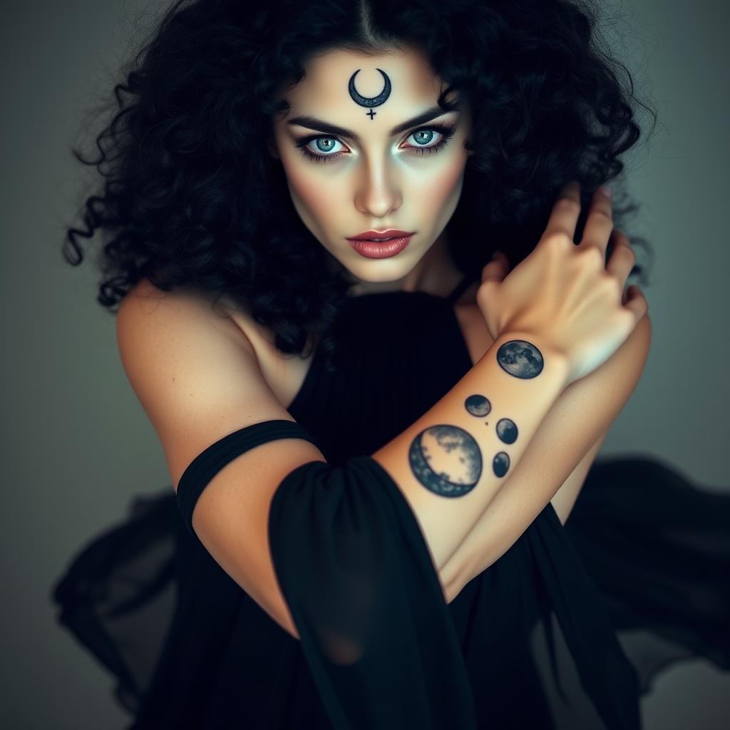 A stunning pale-skinned woman with long, voluminous black curly hair and striking silver eyes