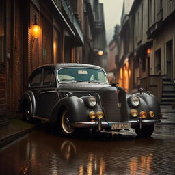 Ultra high definition image of a vintage car parked in rain, emphasizing minute details with a distinct editorial touch