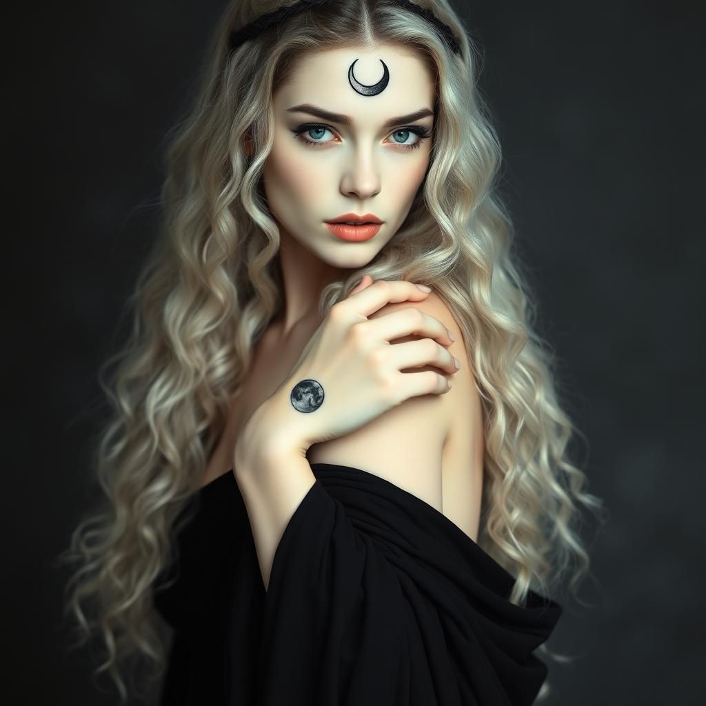 A beautiful woman with pale white skin and long, curly black hair that flows down to her waist