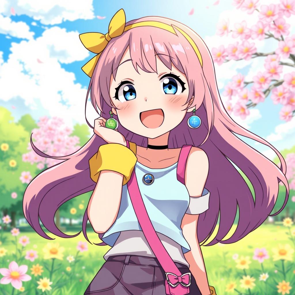 A cheerful anime-style illustration of a teenage girl, smiling widely, with her whole body visible
