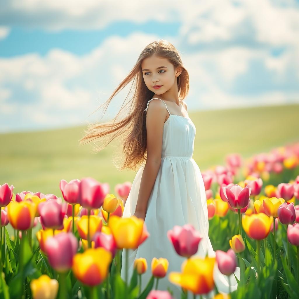 A beautiful and serene scene reminiscent of a dream, featuring a girl in a flowing white dress standing gracefully among vibrant, colorful tulips