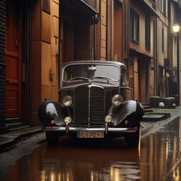 Ultra high definition image of a vintage car parked in rain, emphasizing minute details with a distinct editorial touch