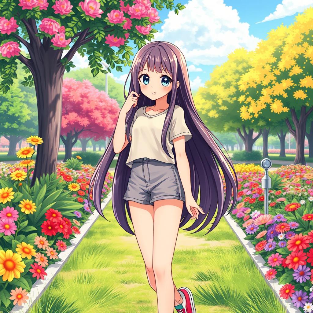 A vibrant anime-style illustration showcasing a smiling teenage girl, full body visible