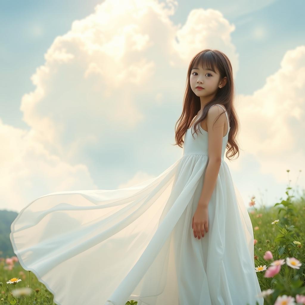 A dreamy and lucid weather scene featuring a girl wearing a flowing white dress