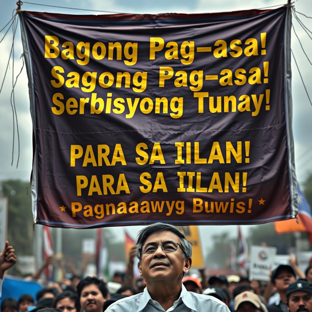 A political scene featuring a large, weathered banner hung above a politician