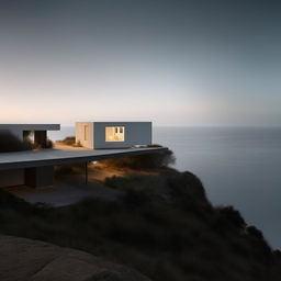 A high-resolution, detailed image of a minimalist house perched on a cliff top, captured in the style of architectural photography