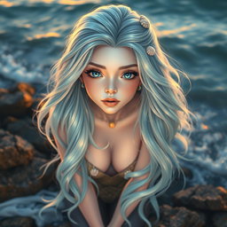 A stunning siren girl with an enchanting beauty, characterized by her pale, pearl-like complexion