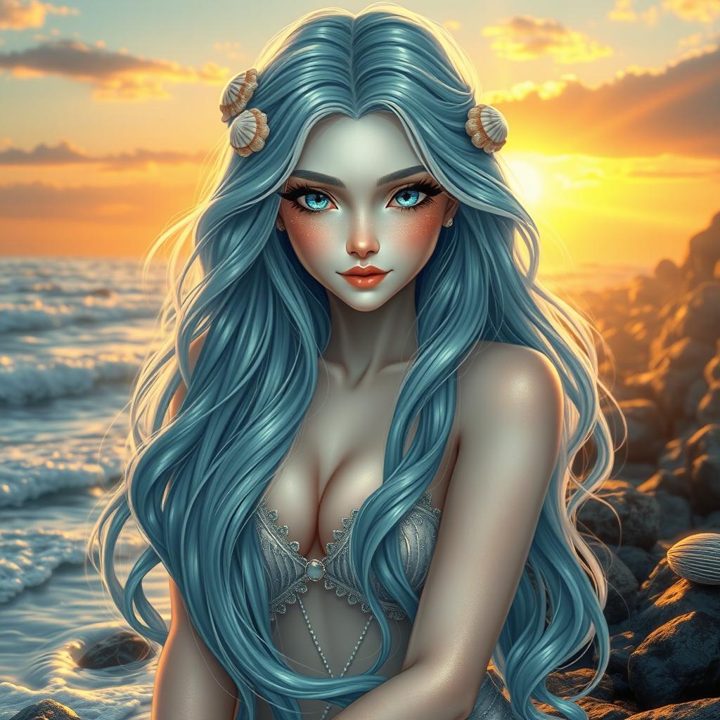 A stunning siren girl with an enchanting beauty, characterized by her pale, pearl-like complexion