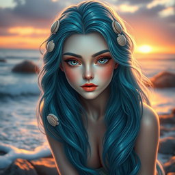 A stunning siren girl with an enchanting beauty, characterized by her pale, pearl-like complexion