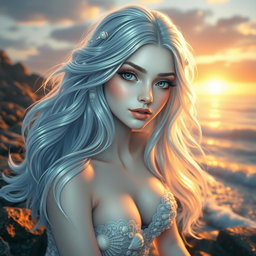 A stunning siren girl with an enchanting beauty, characterized by her pale, pearl-like complexion