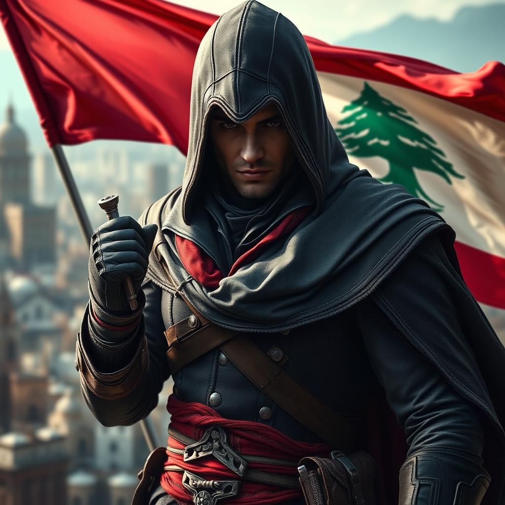 A stunning Assassin's Creed character dressed in a detailed, dark hooded cloak and traditional assassin attire, carefully blending modern and historical elements