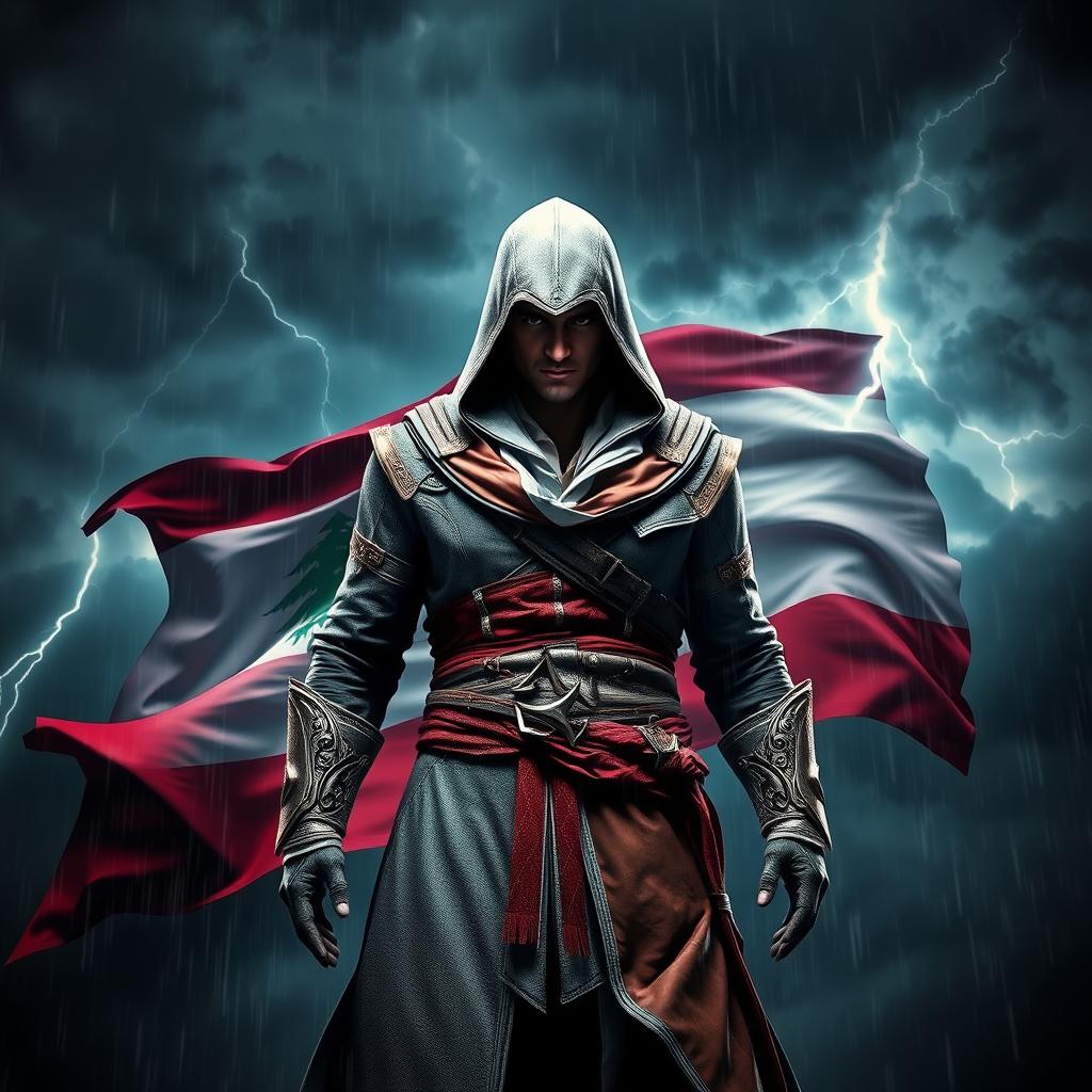An epic Assassin's Creed character, showcasing details like a flowing Assassin's robe with intricate patterns, stands confidently with the Lebanese flag waving boldly behind him