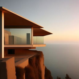 A high-resolution, detailed image of a minimalist house perched on a cliff top, captured in the style of architectural photography