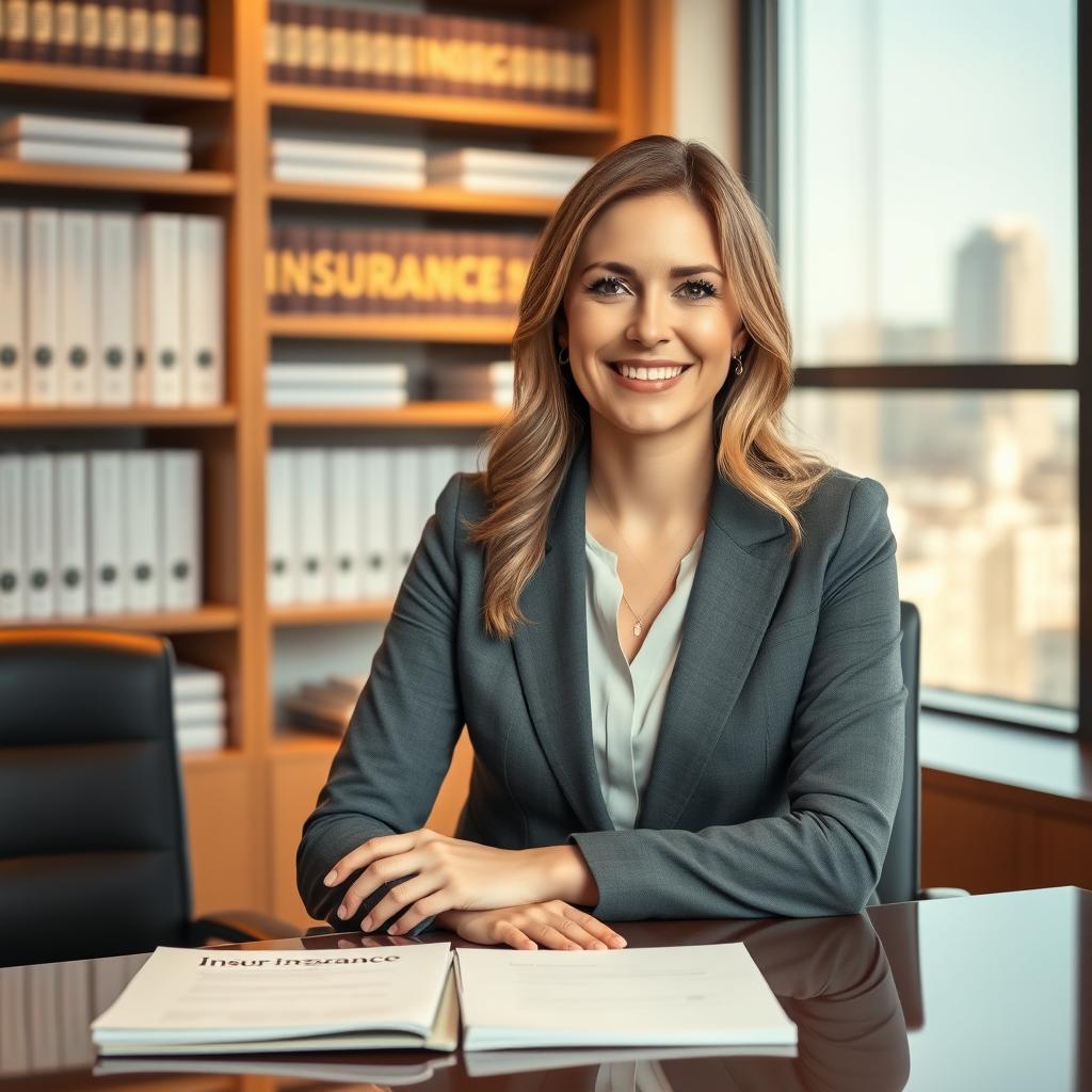 A professional portrait of a confident woman named Karlee Izyk, exuding charisma and professionalism in a stylish office environment