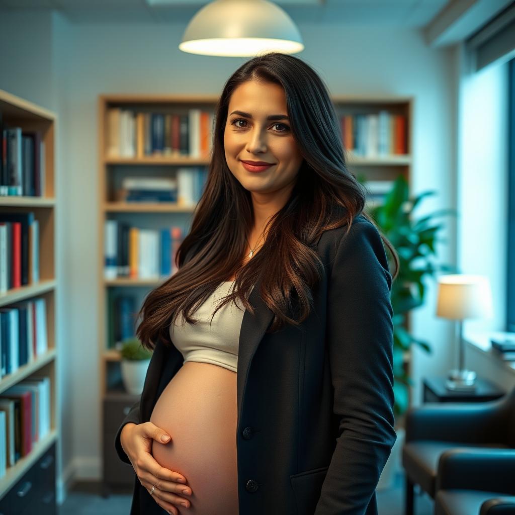 A portrait of Hailey Allegro, a pregnant Ukrainian-Italian woman, standing confidently in a serene office environment that reflects her profession as a psychologist