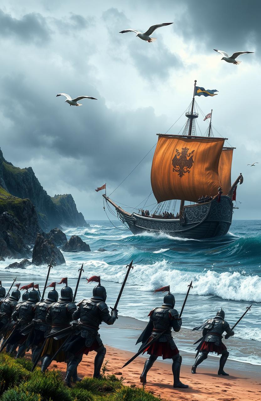 A dramatic medieval fantasy scene set on an ocean shore, featuring a majestic warship with billowing sails and intricate carvings on its hull