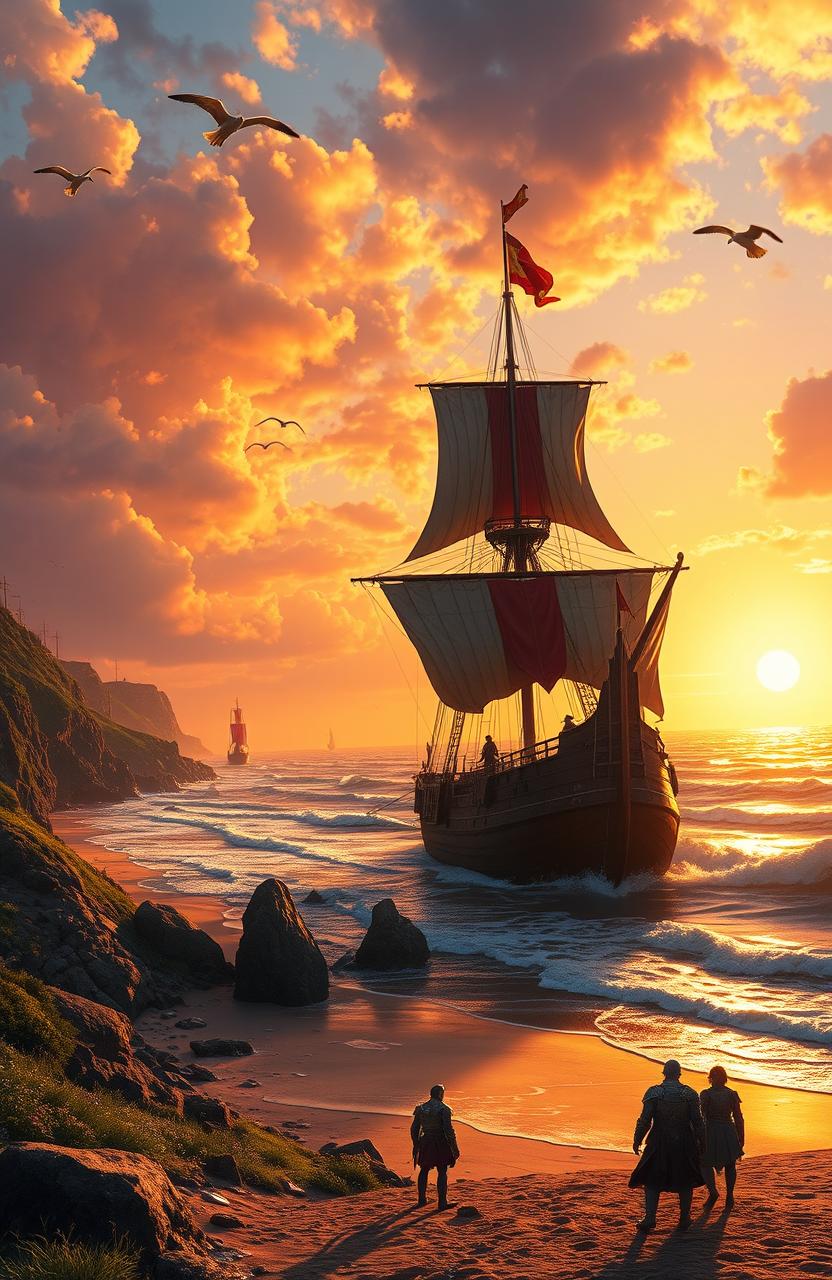 A majestic medieval fantasy scene depicting a vast ocean shore with a grand warship anchored close to the beach