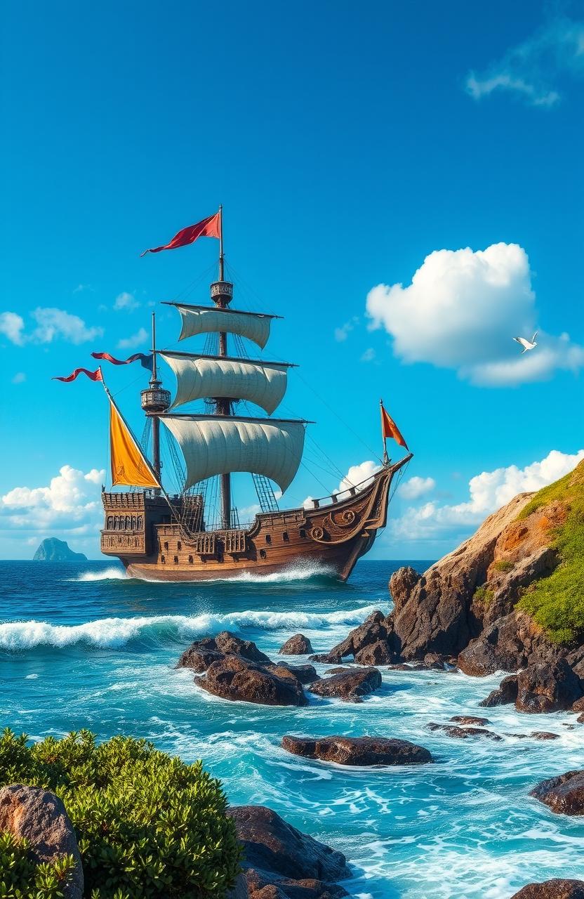 A majestic medieval fantasy ocean shore scene featuring a grand warship anchored near a rugged coastline