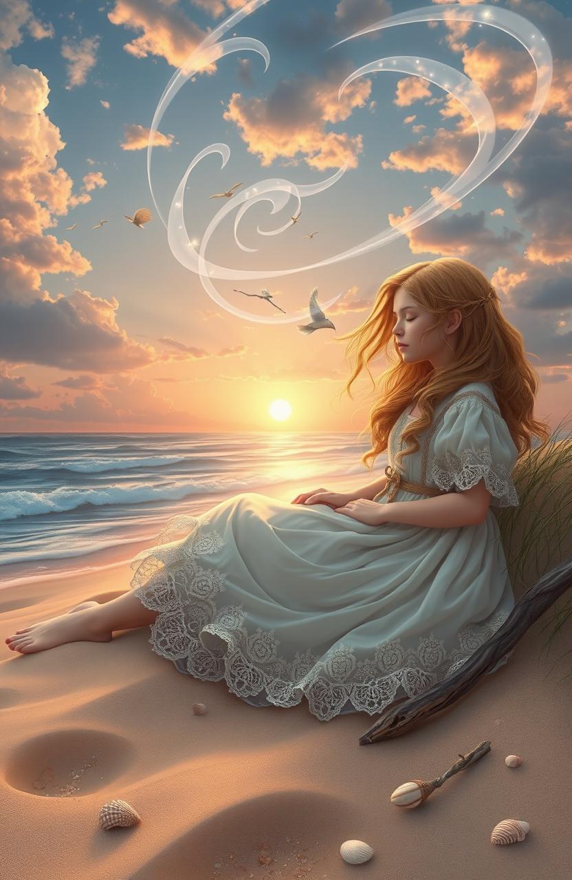 A serene medieval fantasy scene depicting a girl peacefully sleeping on an ocean shore, her dreams illustrated with ethereal, swirling visions around her