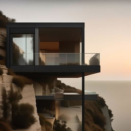 A high-resolution, detailed image of a minimalist house perched on a cliff top, captured in the style of architectural photography