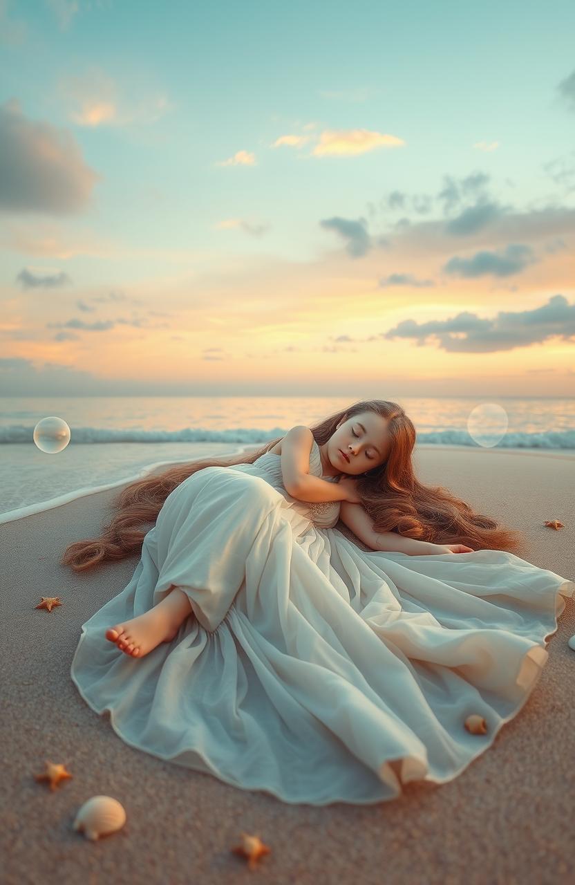 A medieval fantasy scene featuring a young girl with long flowing hair, peacefully sleeping on a serene ocean shore