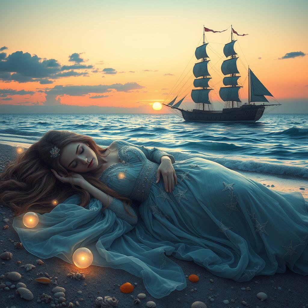 A captivating medieval fantasy scene of a woman peacefully sleeping on the shore near a grand ocean warship