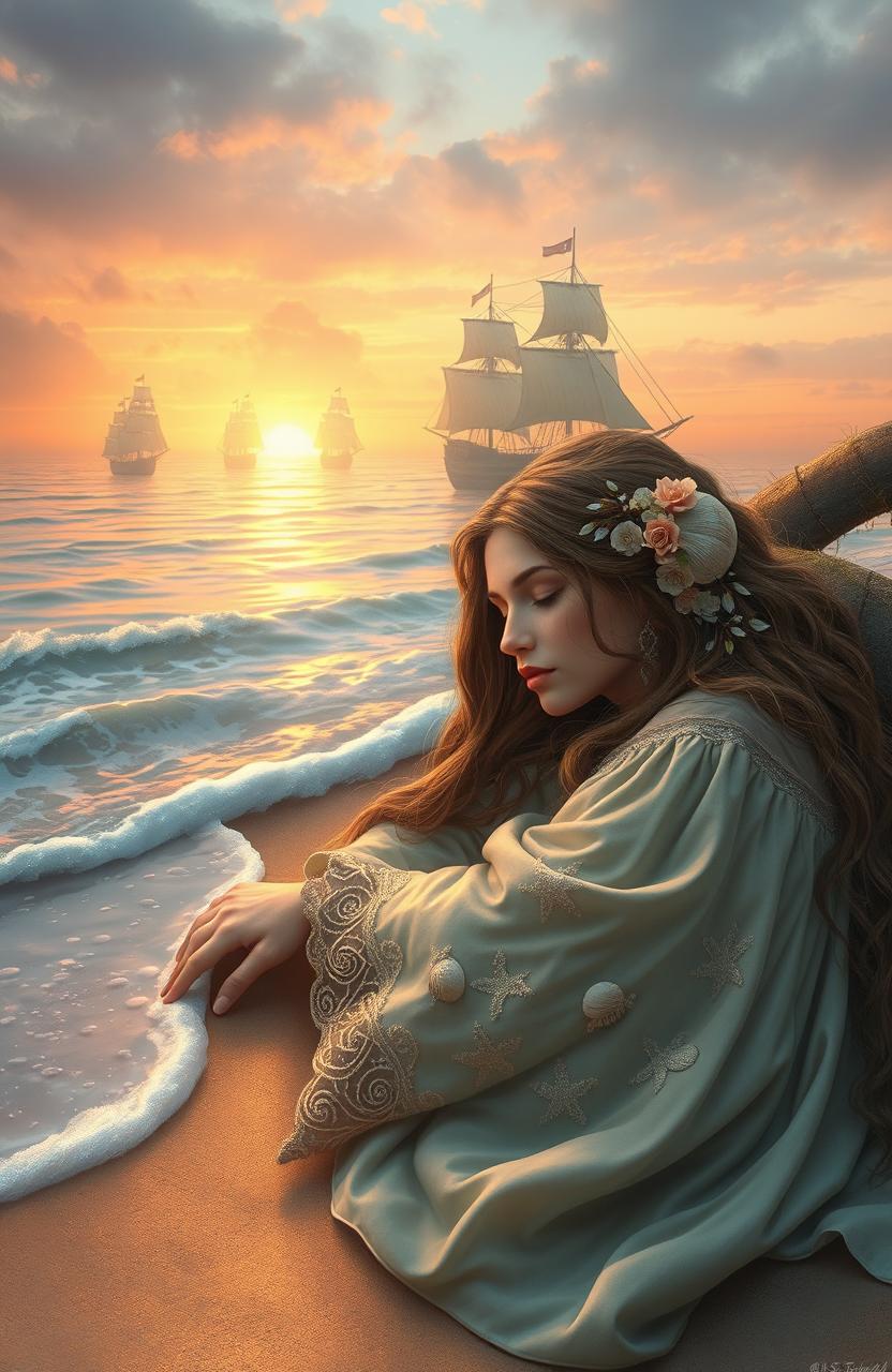 A medieval fantasy scene depicting a beautiful woman peacefully sleeping on the shore, dreaming of grand ocean battles on majestic warships