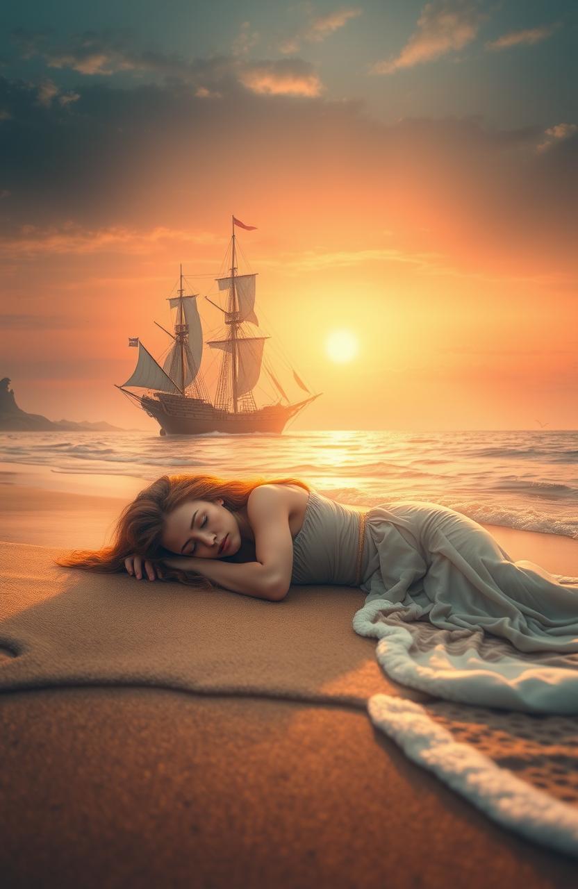 A stunning medieval fantasy scene capturing a serene woman sleeping dreamily on the shore, with her long flowing hair gently cascading over the sand