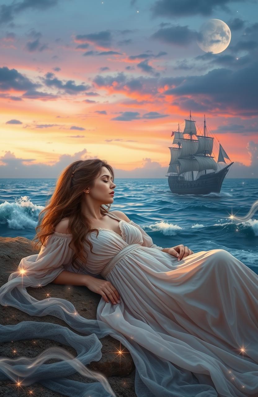 A medieval fantasy scene featuring a woman dreaming while sleeping on the shore