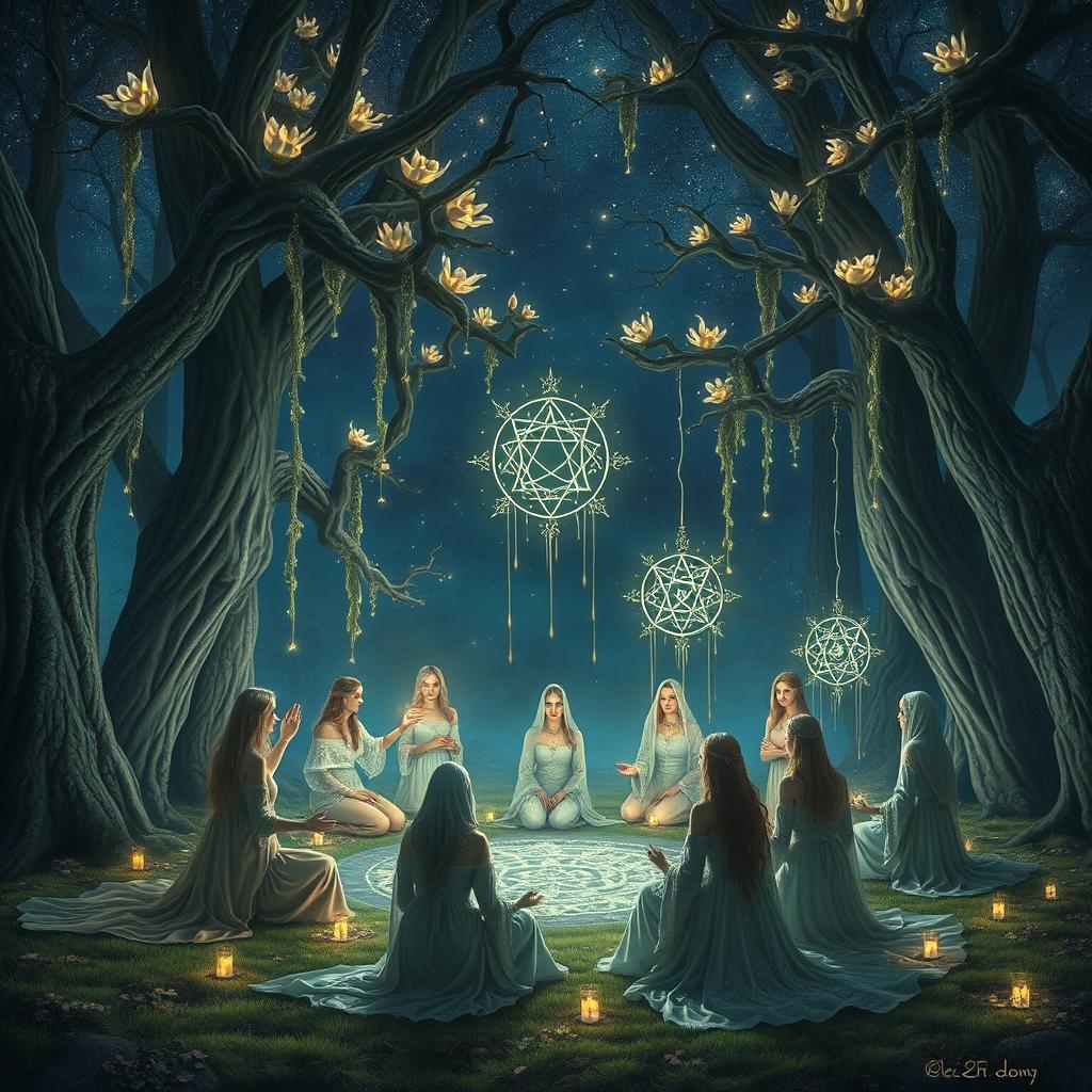 A captivating scene depicting a medieval fantasy cult of dreaming women, gathered in a mystical forest clearing