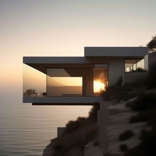 A high-resolution, detailed image of a minimalist house perched on a cliff top, captured in the style of architectural photography